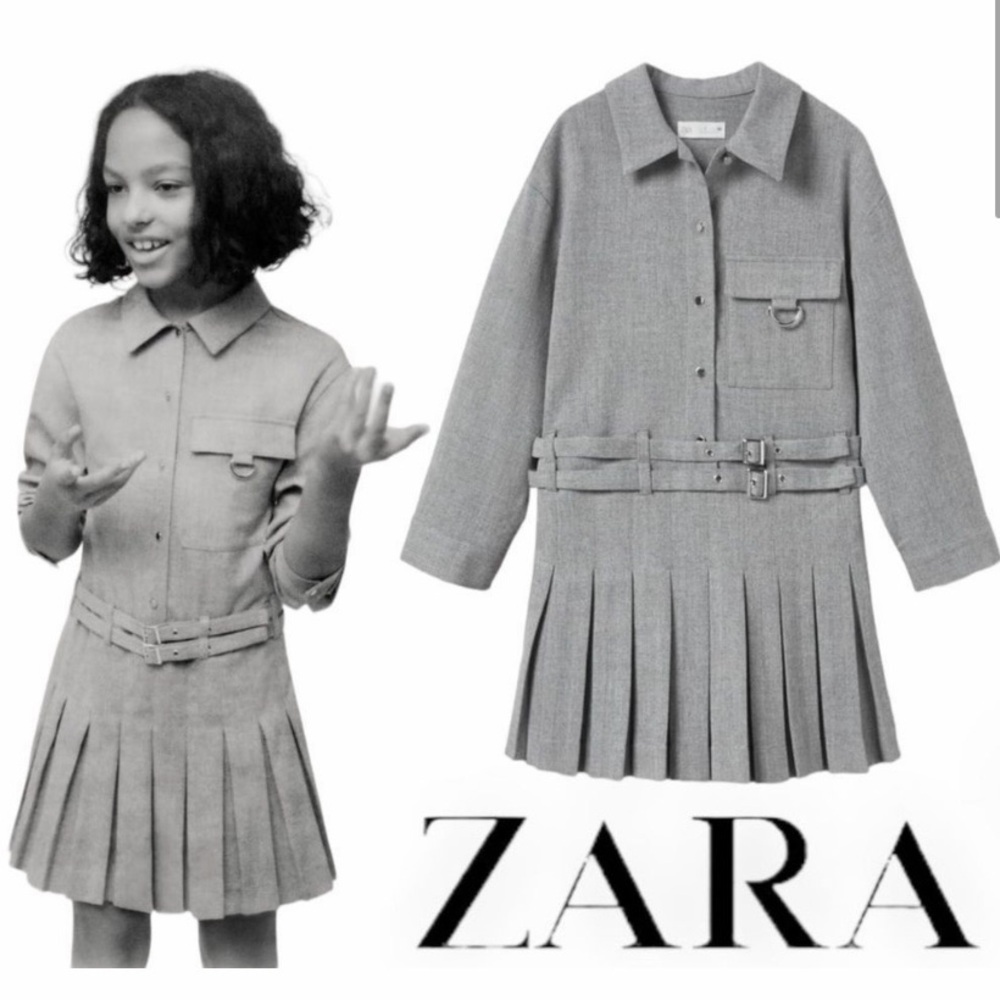 Zara Gray Kids Pleated Dress with Double Belt